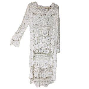 Via‎ Ritina White Crochet Mini Maxi Dress Women L Topper Party Boho Funky Fairy
